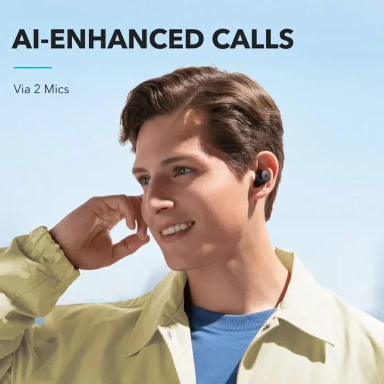 هدفون بلوتوثی انکر مدل Soundcore A۲۵i بدون قابلیت نویز کنسلینگ، درگاه شارژ USB Type-C، دارای دو میکروفون داخلی با الگوریتم هوش مصنوعی، مقاوم در برابر پاشش آب