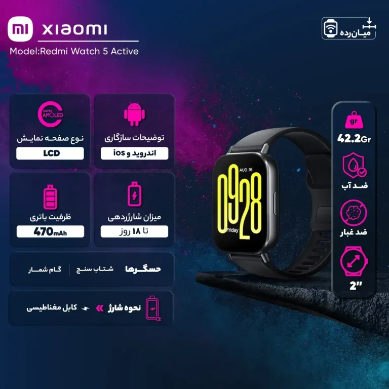 ساعت هوشمند شیائومی مدل Redmi Watch ۵ Active دارای قابلیت های قابلیت مکالمه از طریق بلوتوث، قابلیت تغییر طرح ساعت یا تم بند پلاستیک