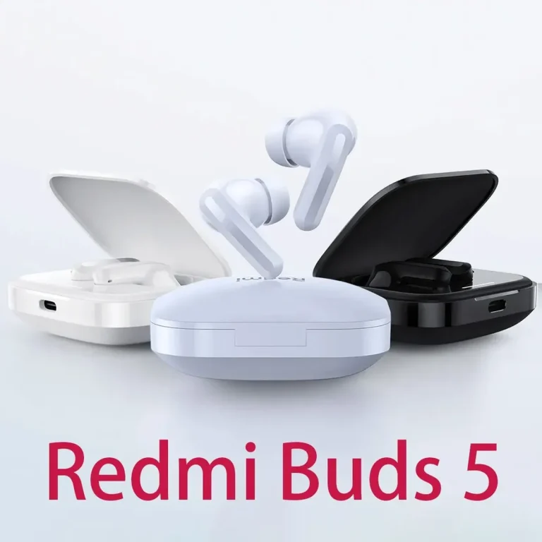 هدفون بلوتوثی شیائومی مدل Redmi Buds ۵ با نویز کنسلینگ فعال (ANC)، درگاه شارژ USB Type-C، دارای نشانگر روی محفظه شارژ