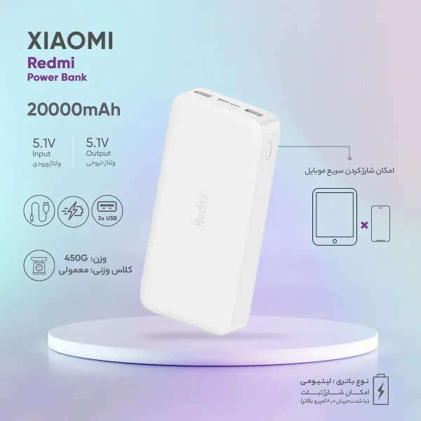 پاوربانک 18 وات شیائومی مدل Redmi ظرفیت 20000 میلی‌آمپرساعت - تصویر 17