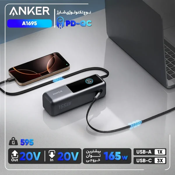 پاوربانک 100 وات انکر مدل A1695 ظرفیت 25000 میلی آمپر ساعت به همراه دو کابل USB-C - تصویر 2