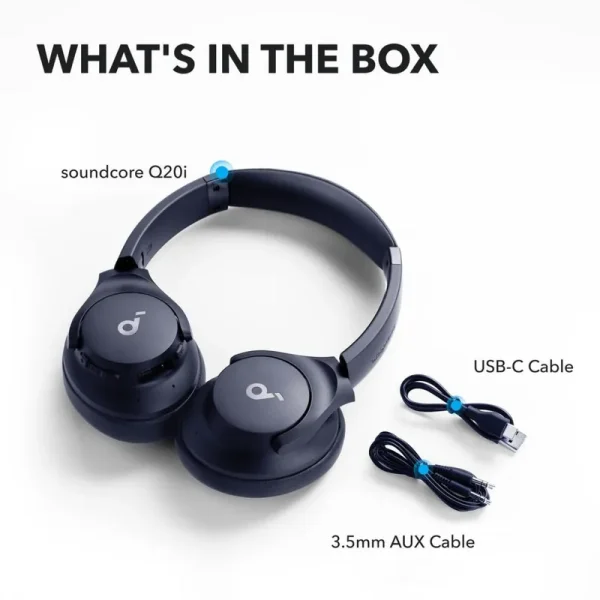 هدفون بلوتوثی انکر مدل Soundcore Q20i با نویز کنسلینگ فعال (ANC)، درگاه شارژ USB Type-C، دارای 2 میکروفون داخلی و 2 میکروفون خارجی، پشتیبانی از صدای Hi-Res از طریق کابل AUX - تصویر 4